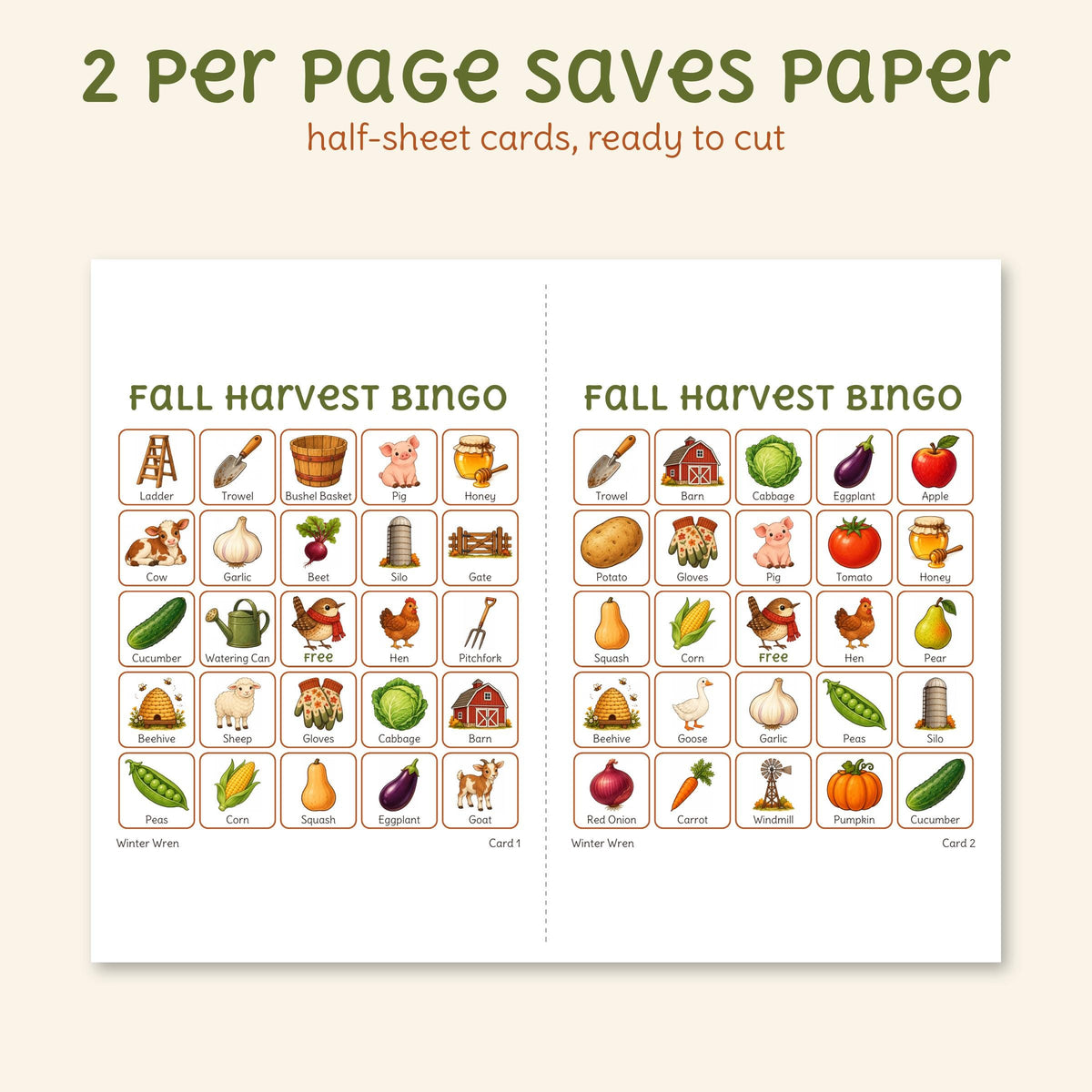 The two-per-page file: two half-sheet bingo cards on one landscape page, with a cut line.