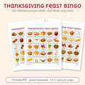 Three printable Thanksgiving Feast bingo cards with the whole Thanksgiving meal and desserts, by Winter Wren. Digital download; nothing is shipped.