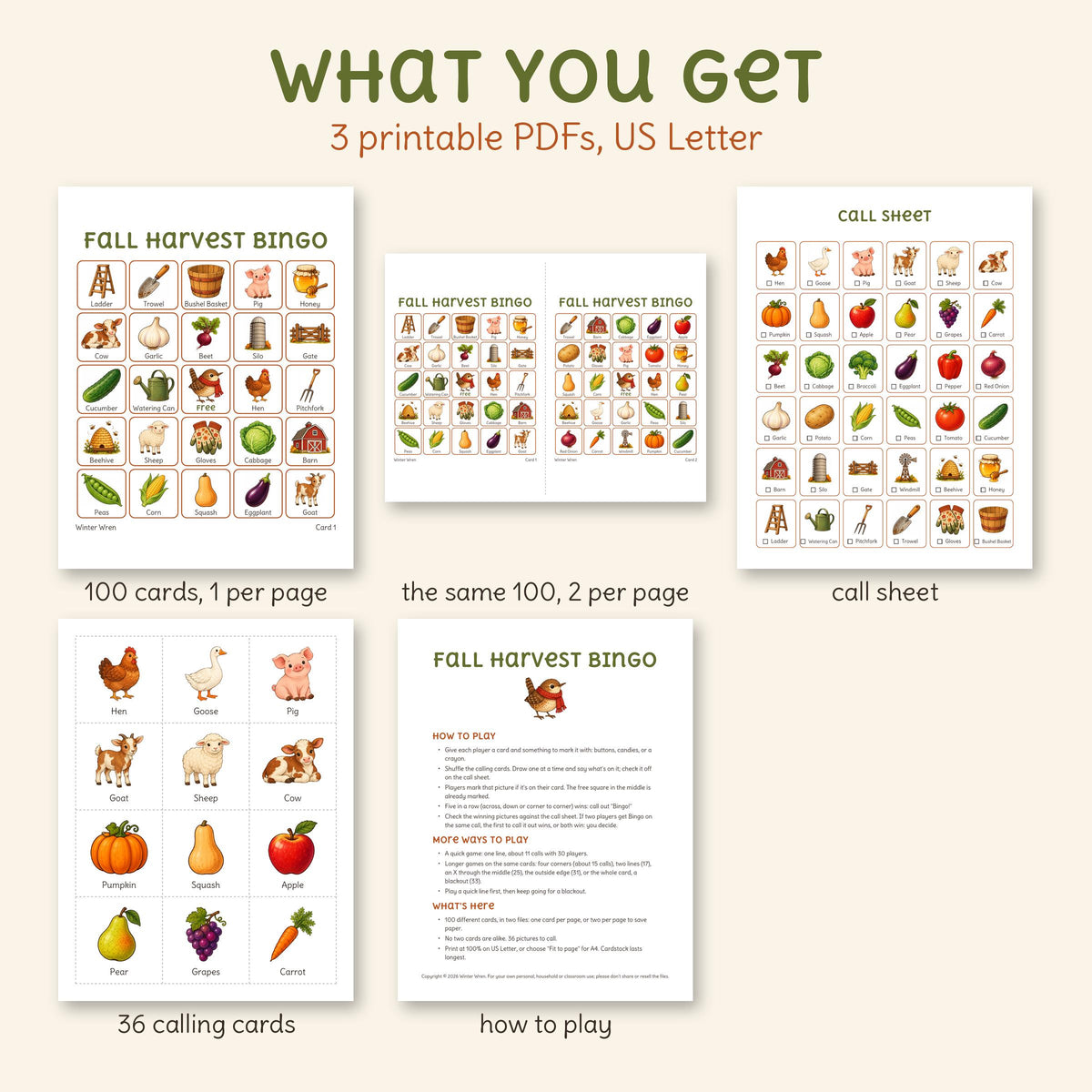 What's in the Fall Harvest bingo download: 100 cards one per page, the same cards two per page, a call sheet, 36 calling cards and how to play.