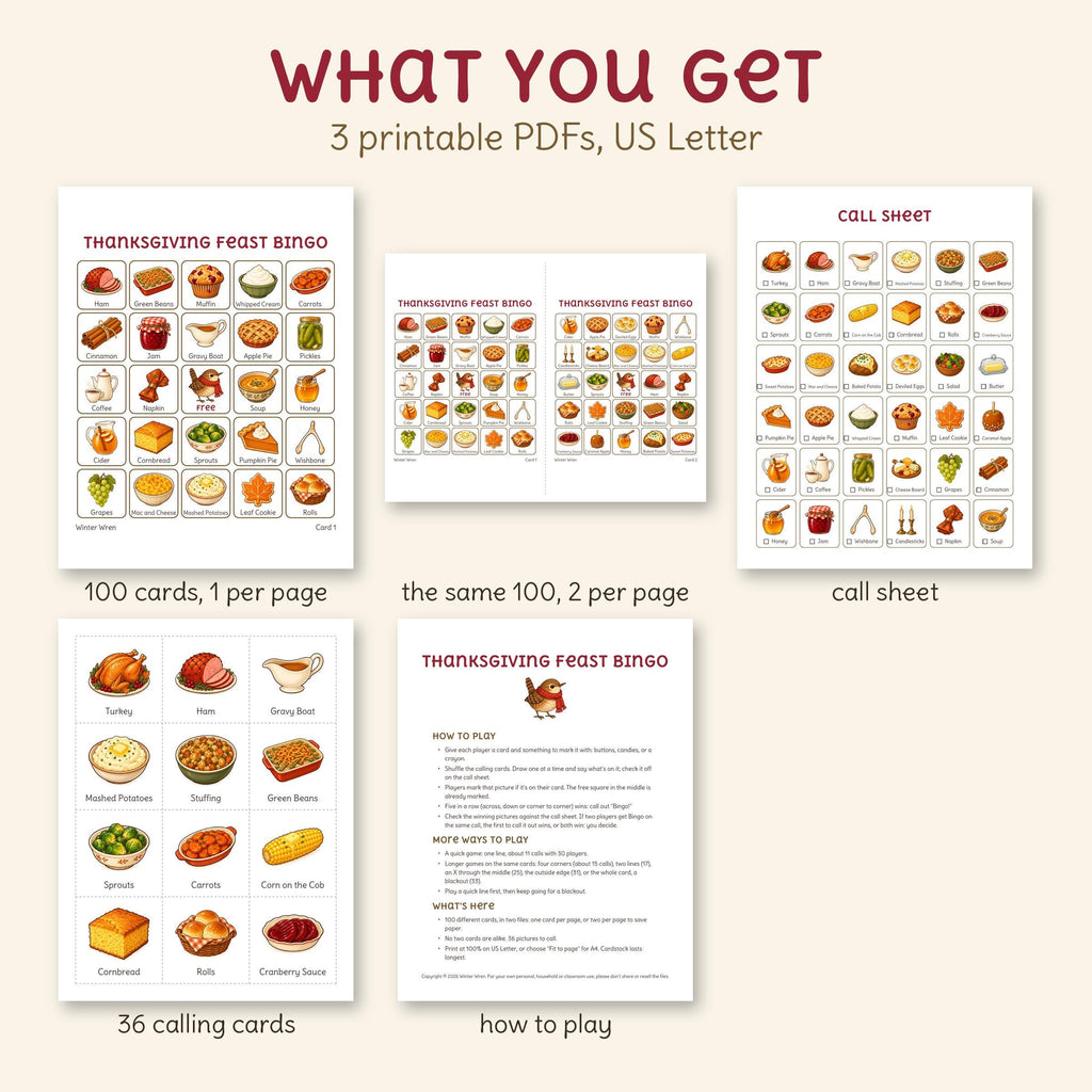 What's in the Thanksgiving Feast bingo download: 100 cards one per page, the same cards two per page, a call sheet, 36 calling cards and how to play.