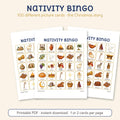 Three printable Nativity bingo cards with gentle pictures of the Christmas story: Baby Jesus, Mary, Joseph, shepherds, wise men and animals, by Winter Wren. Digital download; nothing is shipped.