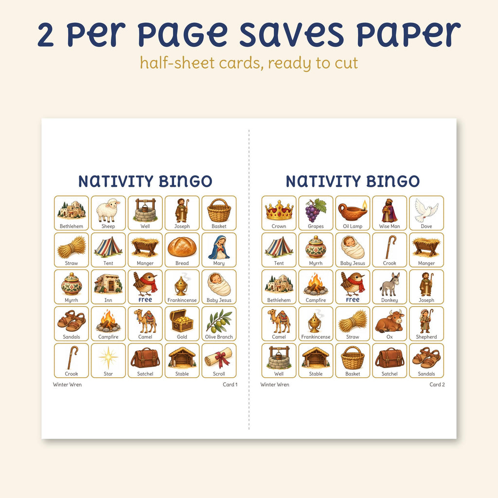 The two-per-page file: two half-sheet bingo cards on one landscape page, with a cut line.