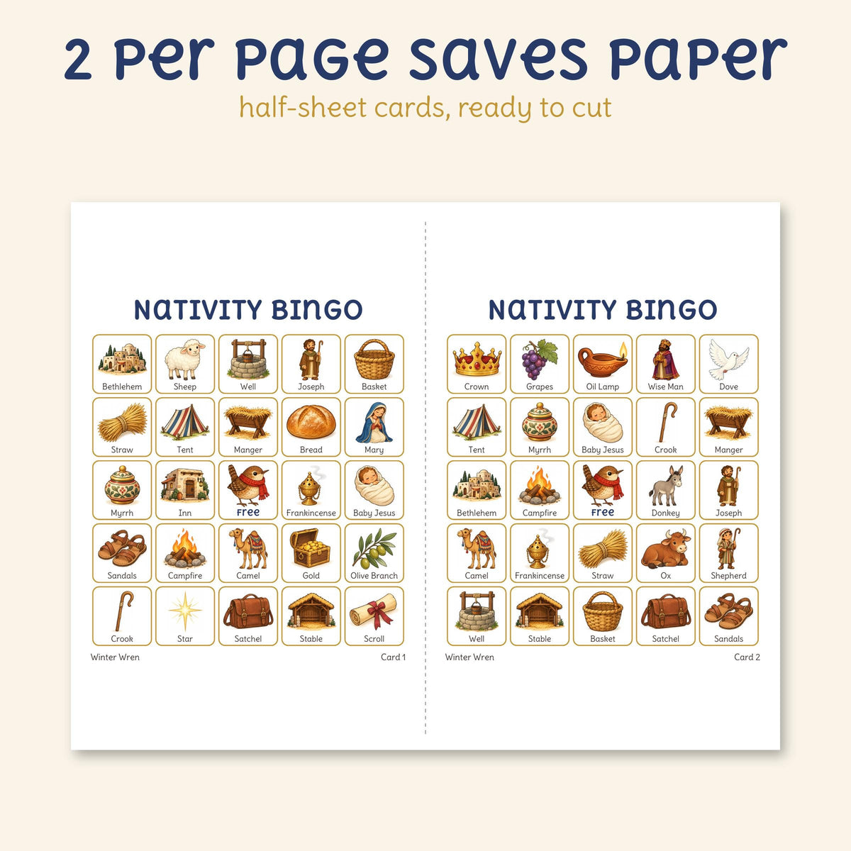 The two-per-page file: two half-sheet bingo cards on one landscape page, with a cut line.