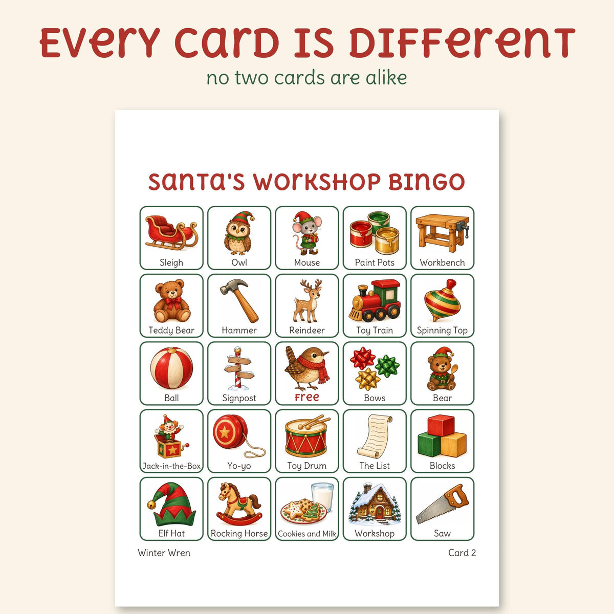 An actual Santa's Workshop bingo card from the PDF: a 5 by 5 grid of named toys, tools and elves with a free square in the middle.