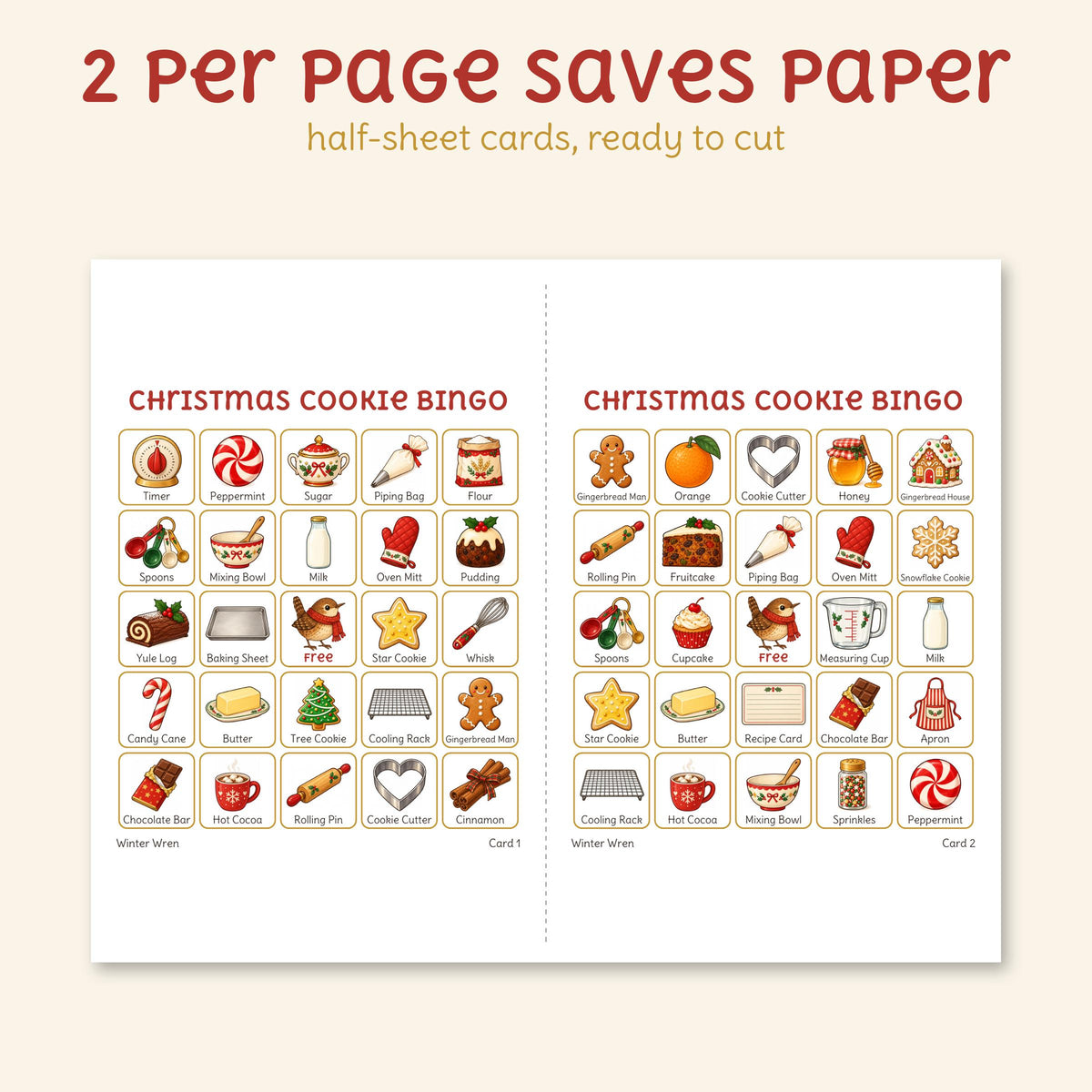 The two-per-page file: two half-sheet bingo cards on one landscape page, with a cut line.