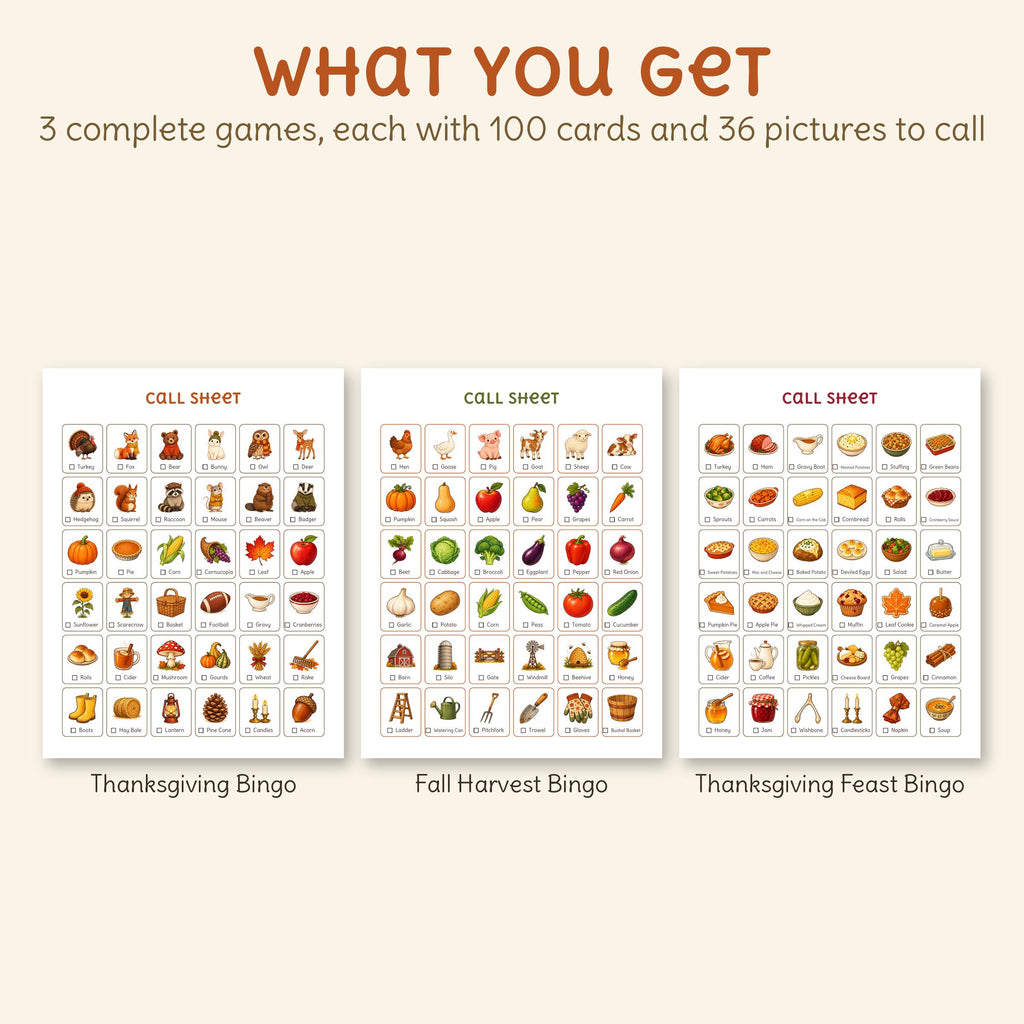 The call sheets of all 3 games, each with 36 named pictures: Thanksgiving Bingo, Fall Harvest Bingo, Thanksgiving Feast Bingo.