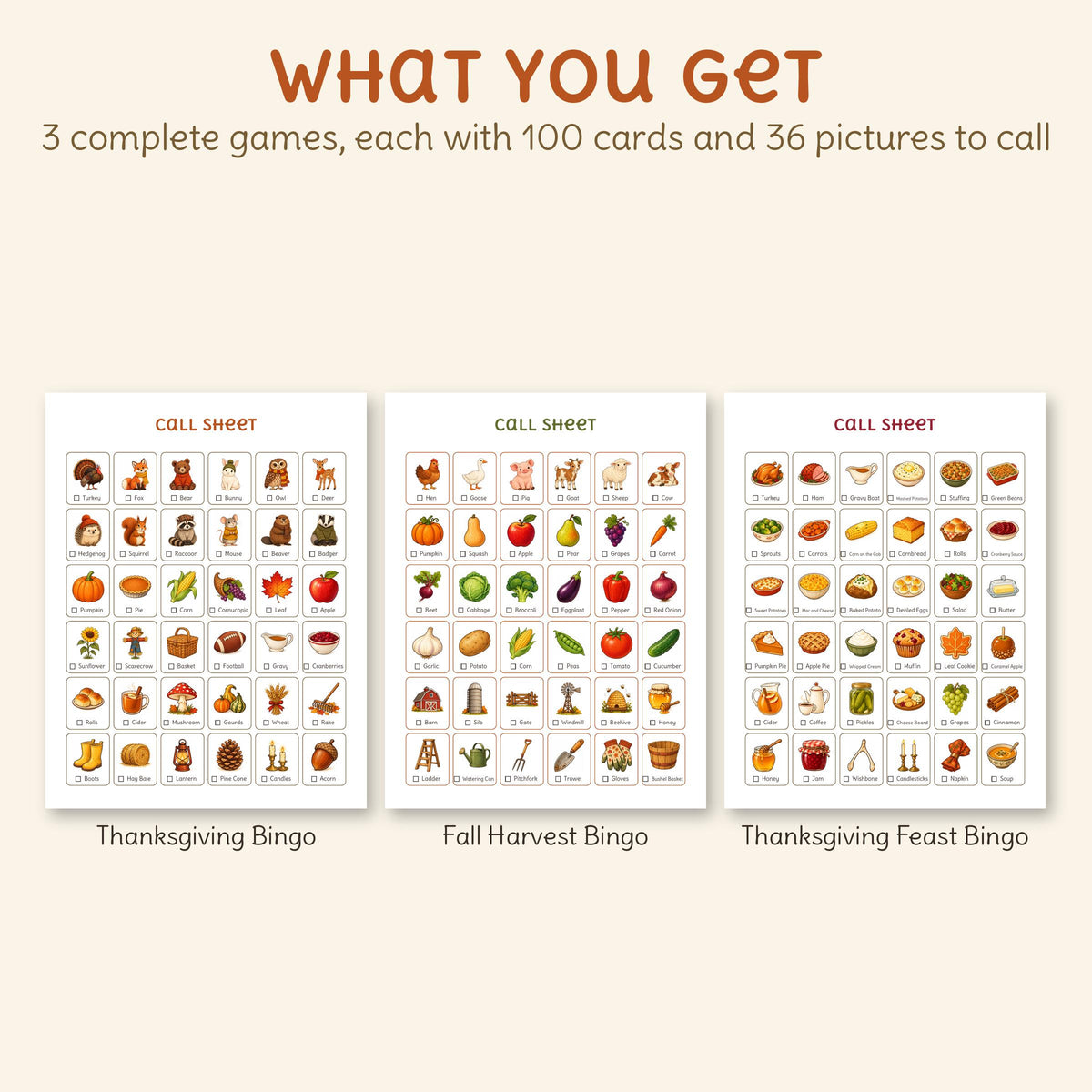 The call sheets of all 3 games, each with 36 named pictures: Thanksgiving Bingo, Fall Harvest Bingo, Thanksgiving Feast Bingo.