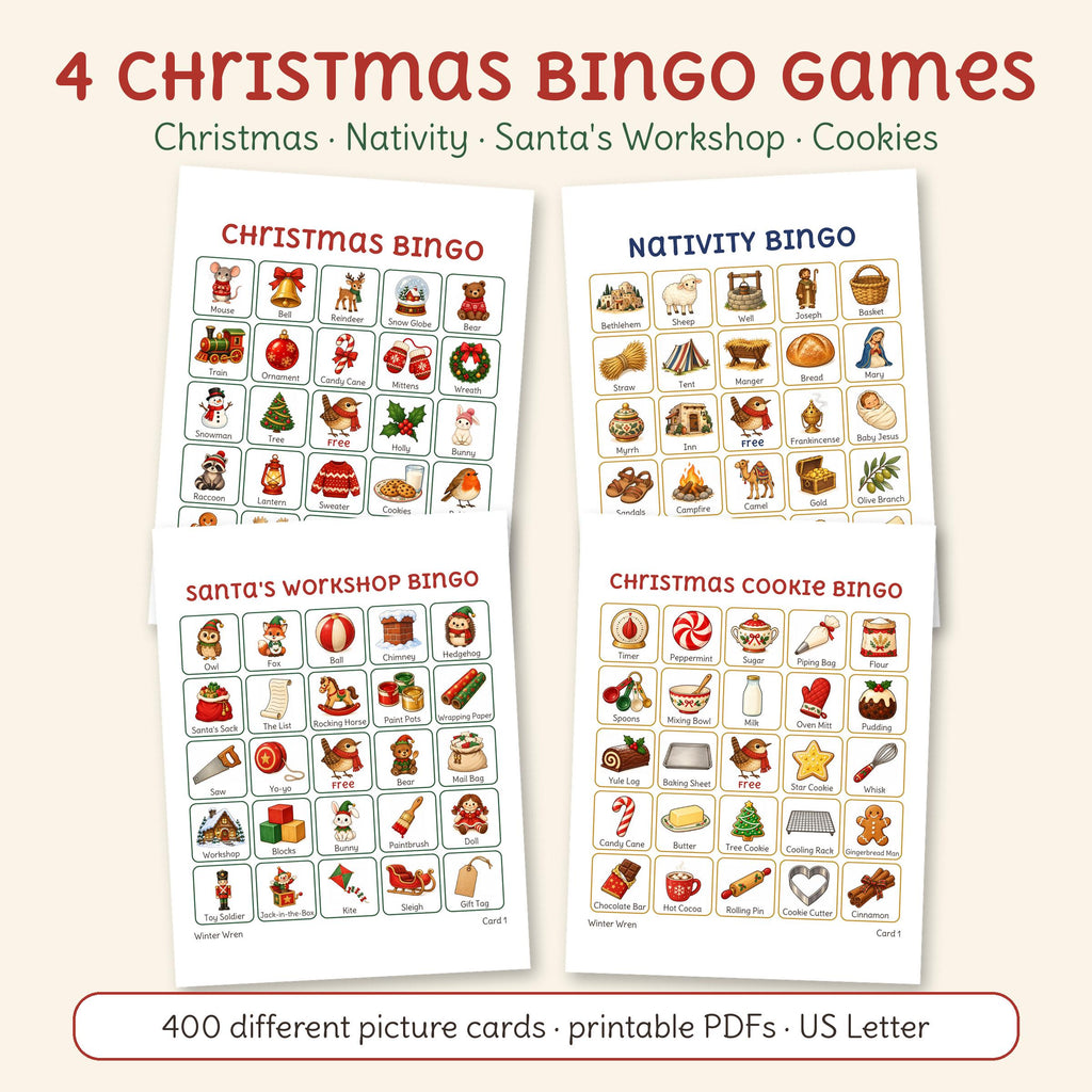4 printable picture bingo games by Winter Wren, one card from each: Christmas Bingo, Nativity Bingo, Santa's Workshop Bingo, Christmas Cookie Bingo. Digital download; nothing is shipped.