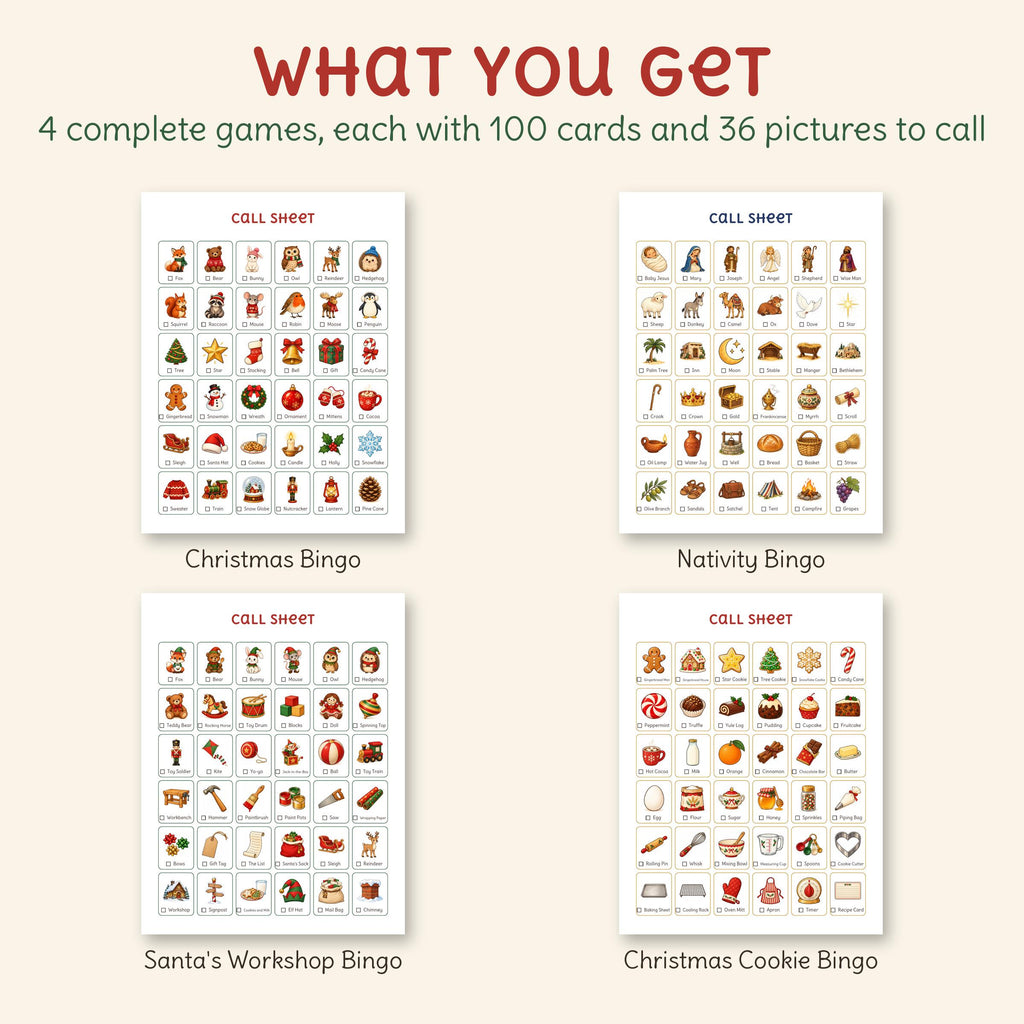 The call sheets of all 4 games, each with 36 named pictures: Christmas Bingo, Nativity Bingo, Santa's Workshop Bingo, Christmas Cookie Bingo.