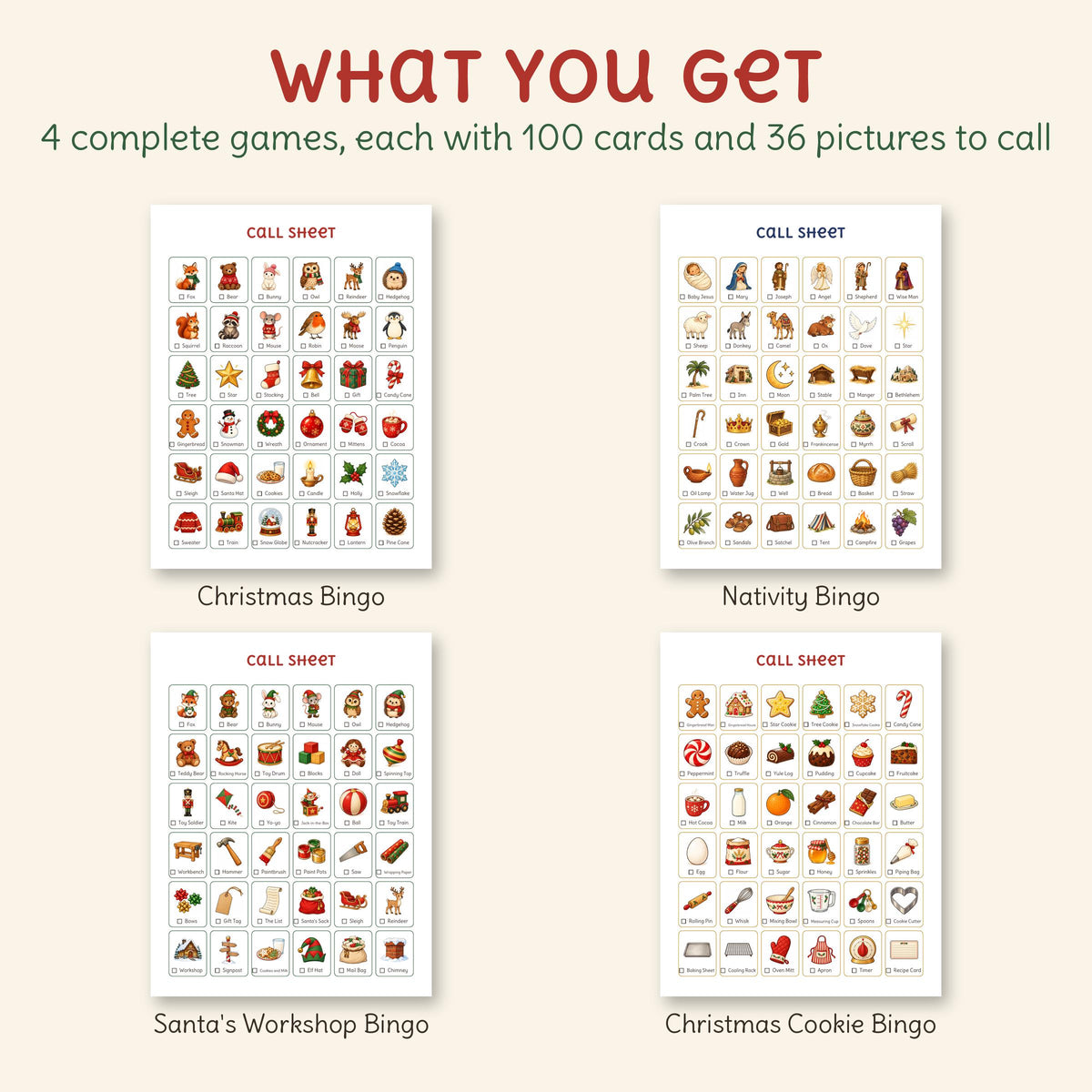 The call sheets of all 4 games, each with 36 named pictures: Christmas Bingo, Nativity Bingo, Santa's Workshop Bingo, Christmas Cookie Bingo.