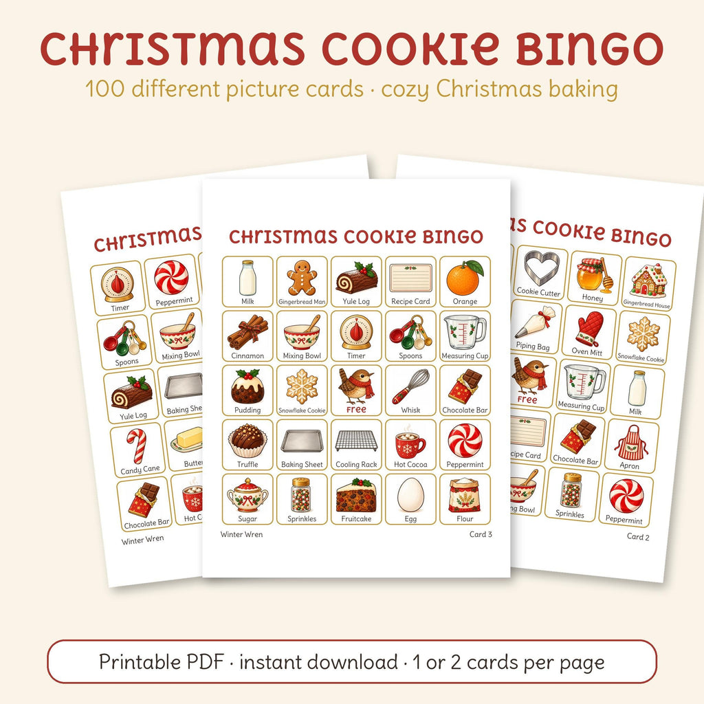 Christmas Cookie Bingo, one of the 4 games in this bundle: three of its printable cards with cookies, treats and baking things.