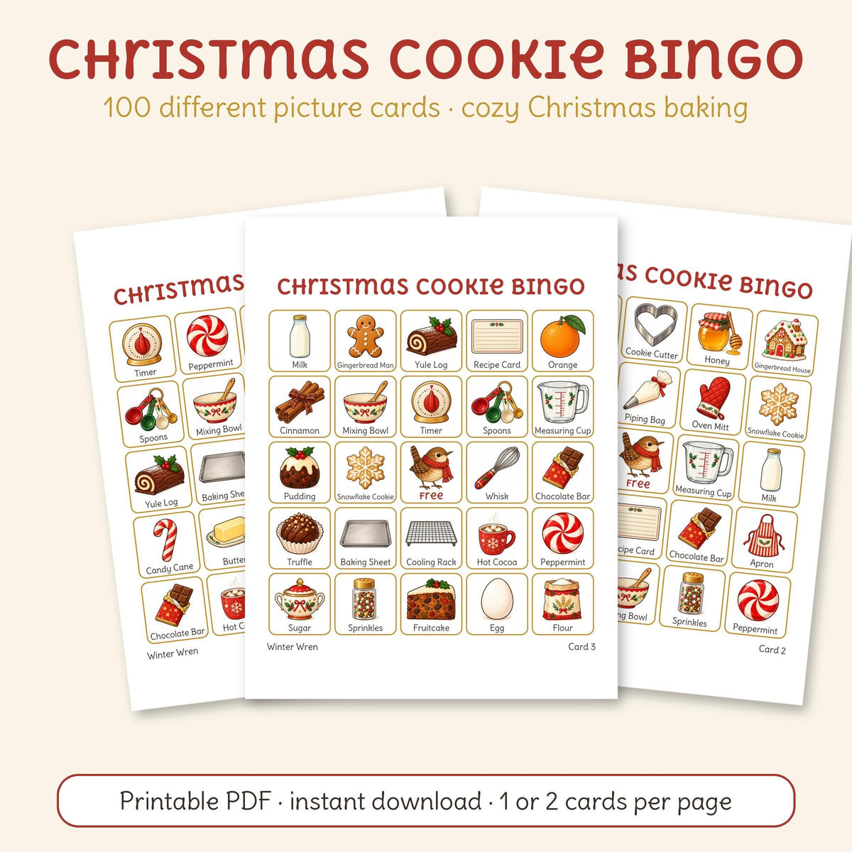 Christmas Cookie Bingo, one of the 4 games in this bundle: three of its printable cards with cookies, treats and baking things.