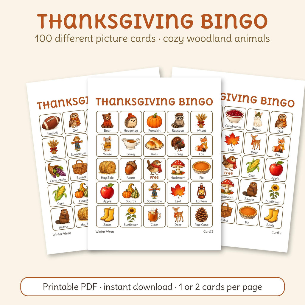 Thanksgiving Bingo, one of the 7 games in this bundle: three of its printable cards with woodland animals and fall favorites.