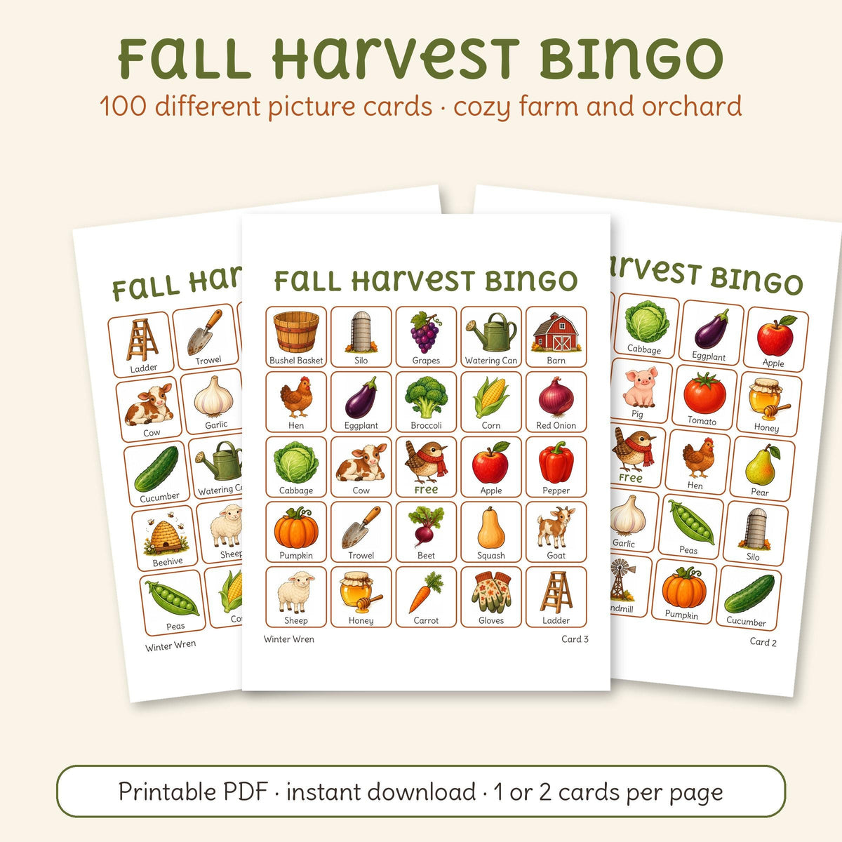 Fall Harvest Bingo, one of the 7 games in this bundle: three of its printable cards with farm animals, orchard and garden.