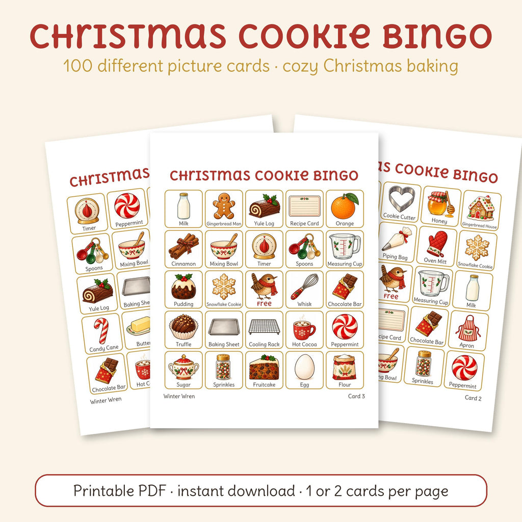 Christmas Cookie Bingo, one of the 7 games in this bundle: three of its printable cards with cookies, treats and baking things.