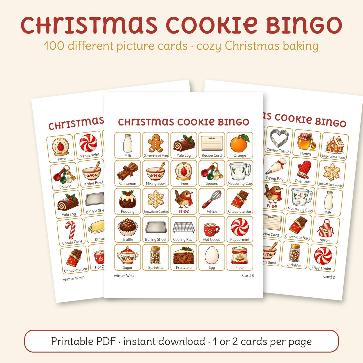 Christmas Cookie Bingo, one of the 7 games in this bundle: three of its printable cards with cookies, treats and baking things.