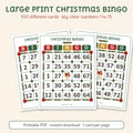 Three printable large print Christmas bingo cards with big numbers 1 to 75 and holly on the grid, by Winter Wren. Digital download; nothing is shipped.
