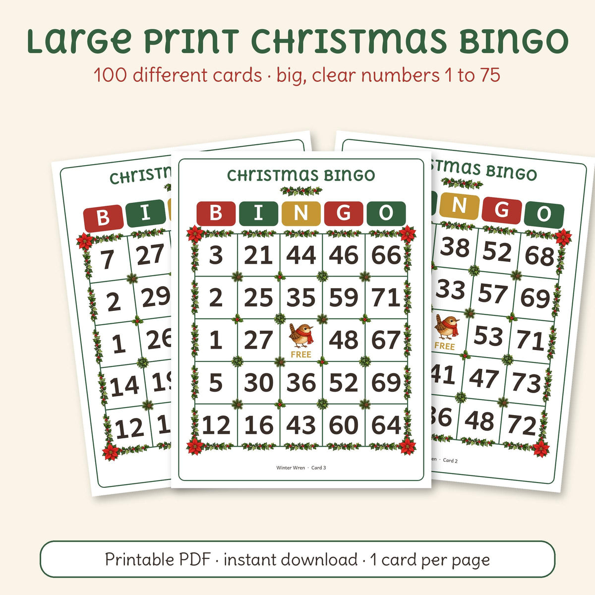 Three printable large print Christmas bingo cards with big numbers 1 to 75 and holly on the grid, by Winter Wren. Digital download; nothing is shipped.