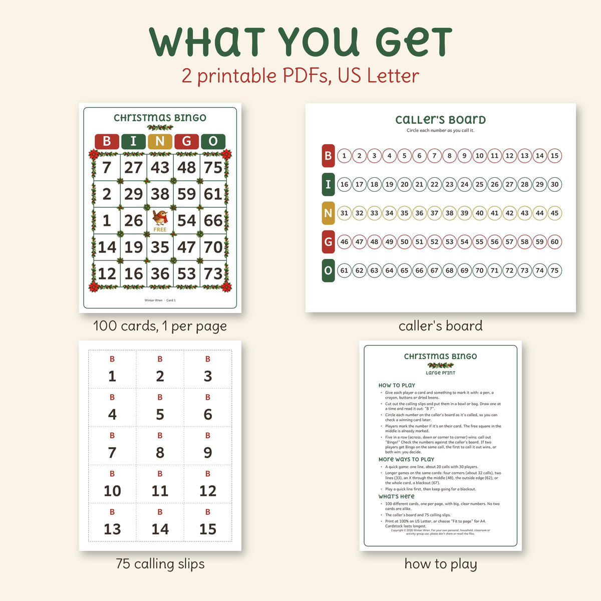 What's in the large print Christmas bingo download: 100 cards one per page, a caller's board, 75 calling slips and how to play.