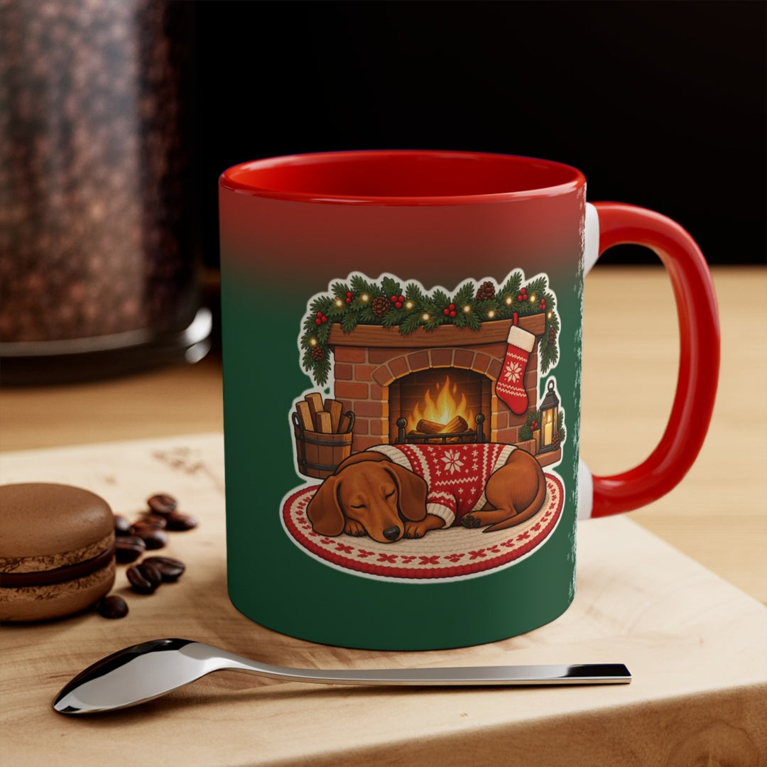 Dachshund by the Fireplace Christmas Mug, Green and Snowflake, video